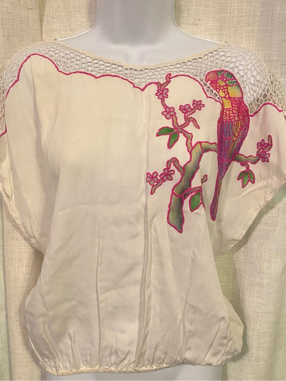 Boho Chic 80s Globe-Trotter Laguna Beach Cali Hand-Crafted Rayon Parrot Blouse